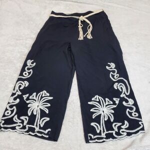 Cato Black Cream Embroidered Cropped Wide Leg High Rise Pant Large Summer Casual